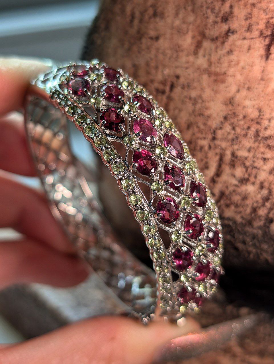Exquisite Silver Bracelet with Raspberry Garnets and Pale Green Peridots