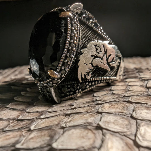 Men’s Silver Ring "Berkut" with Eagle Engravings | Blackened Sterling Silver 925 & Onyx 🦅⚫