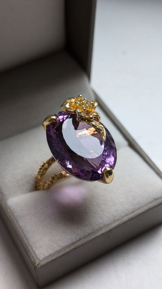 Stunning 30-Carat Amethyst Cocktail Ring 💜 Gold-Plated Vintage Silver Ring
