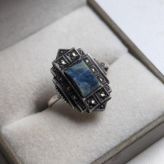 Vintage Art Deco Silver Ring with Lapis Lazuli & Marcasite ✨💎