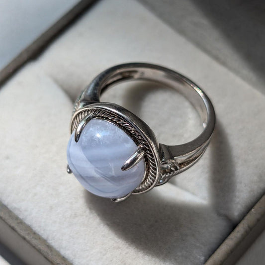 Celestial Blue Agate Silver Ring | Vintage Sterling Silver Jewelry